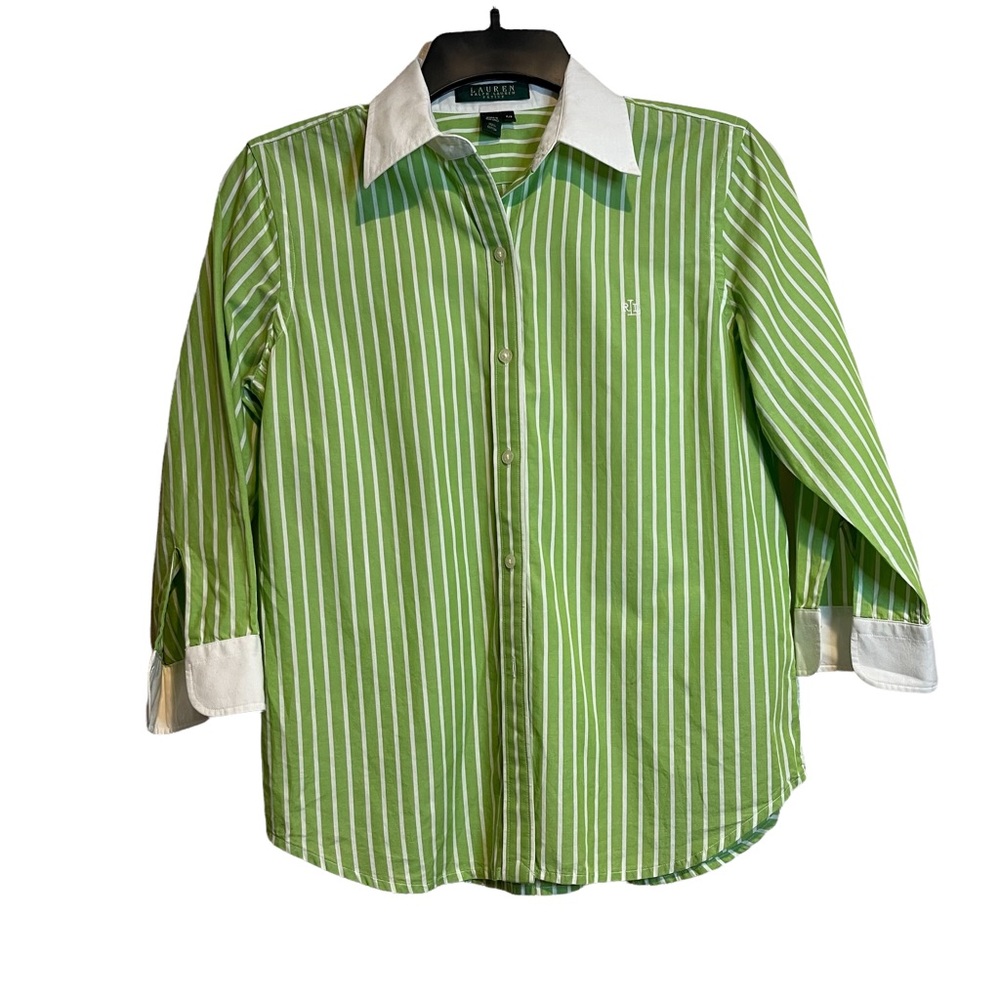 Lauren Ralph Lauren Petite Green Striped Blouse